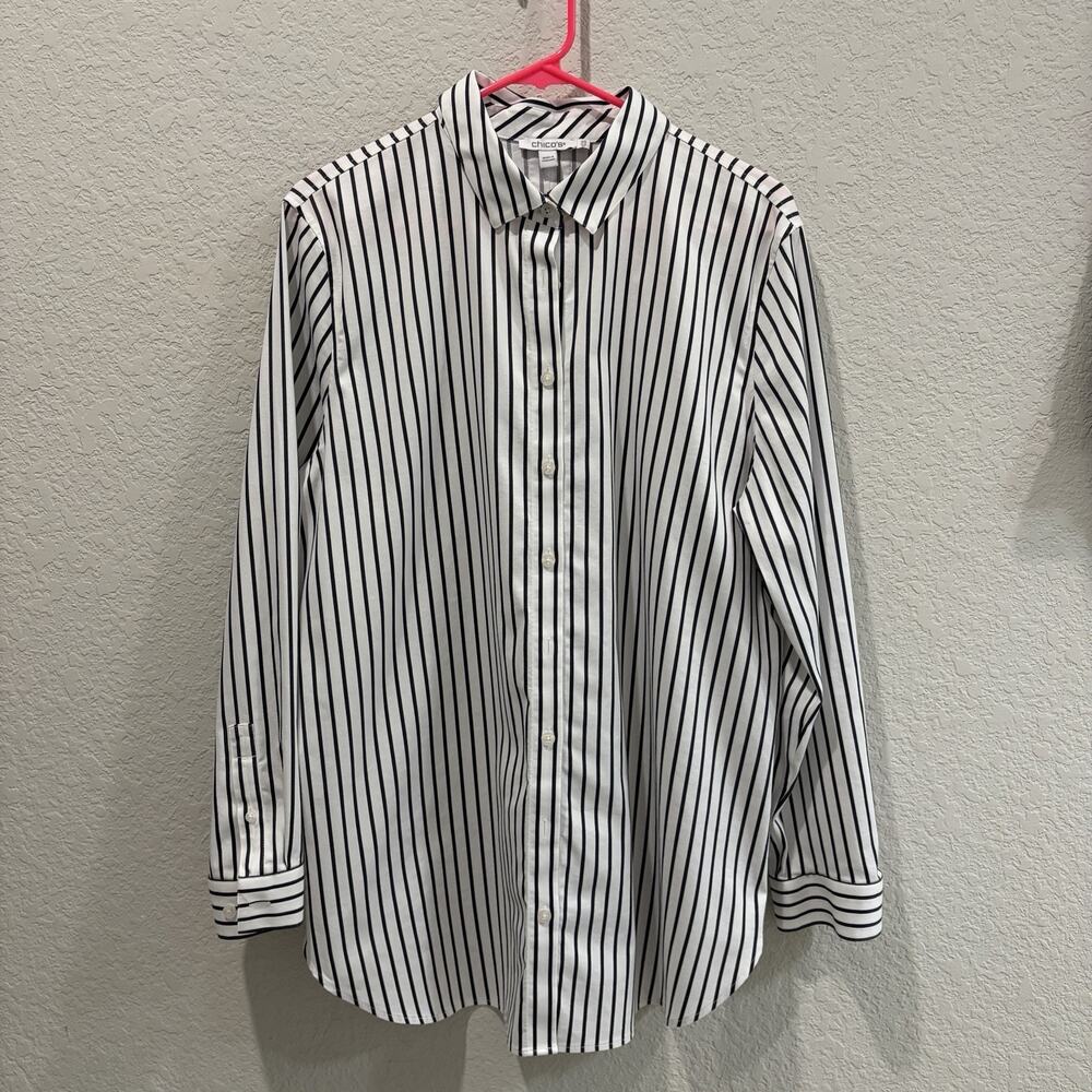 Chico’s Womens Size 2.5 (US 14) White Black Striped Button Front Shirt Blouse